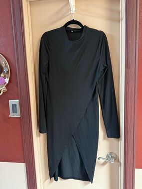 Black Long-Sleeve Asymmetric Wrap Dress